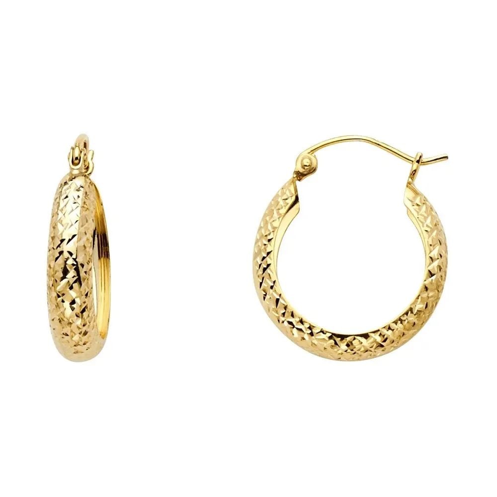 NEW 14K YELLOW GOLD FULL DC HALF DOME HOOP EARRINGS: NEW 14K YELLOW GOLD FULL DC HALF DOME HOOP EARRINGS FULL DC HALF DOME HOOP EARRINGS NEW 14K YELLOW GOLD HEIGHT - 18 mm WIDTH - 18 mm Apx WEIGHT - 1.1 g
