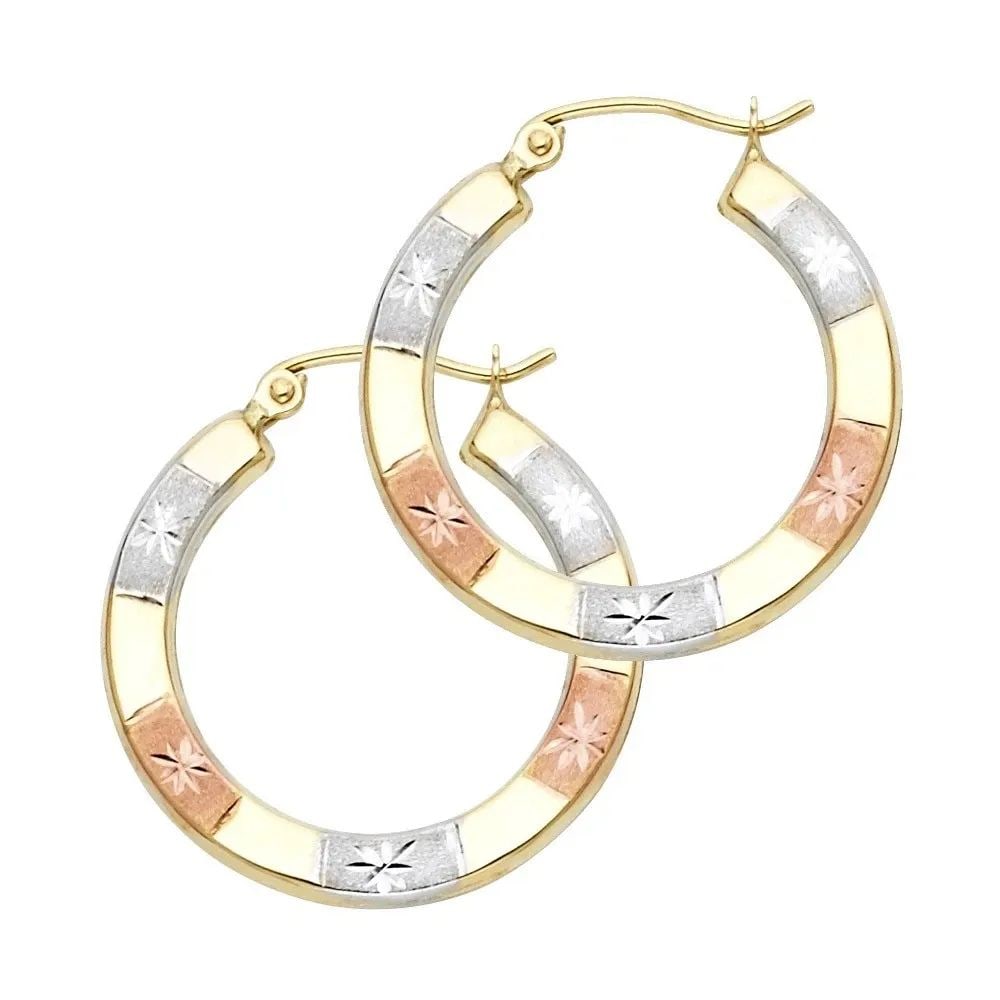 NEW 14K TRI COLOR GOLD DC HOOP EARRINGS: NEW 14K TRI COLOR GOLD DC HOOP EARRINGS DC HOOP EARRINGS NEW 14K TRI COLOR GOLD HEIGHT - 23 mm WIDTH - 23 mm Apx WEIGHT - 0.9 g