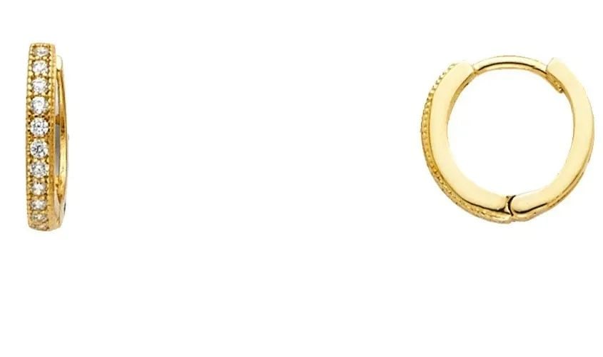 NEW 14K YELLOW GOLD ROUND PAVE HUGGIES EARRINGS: NEW 14K YELLOW GOLD ROUND PAVE HUGGIES EARRINGS ROUND PAVE HUGGIES EARRINGS NEW 14K YELLOW GOLD HEIGHT - 10 mm WIDTH - 10 mm Apx WEIGHT - 1.1 g