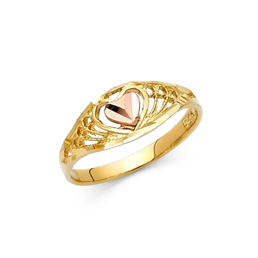 NEW 14K TWO TONE GOLD FANCY HEART RING -SIZE 7: NEW 14K TWO TONE GOLD FANCY HEART RING FANCY HEART RING NEW 14K TWO TONE GOLD WIDTH : 7 mm Average Apx WEIGHT : 1.4g