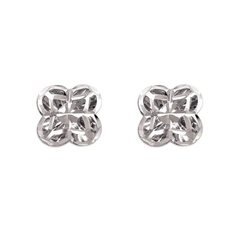 NEW 14K WHITE GOLD DIAMOND CUT FLOWER STUD EARRINGS: NEW 14K WHITE GOLD DIAMOND CUT FLOWER STUD EARRINGS DIAMOND CUT FLOWER STUD EARRINGS NEW 14K WHITE GOLD Width: Approx. 9mm Apx WEIGHT: 1.2g