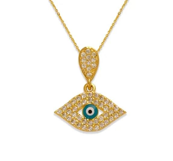 NEW 14K YELLOW GOLD FANCY EVIL EYE PENDANT: NEW 14K YELLOW GOLD FANCY EVIL EYE PENDANT FANCY EVIL EYE PENDANT NEW 14K YELLOW GOLD Apx. WIDTH: 15x8.5mm Apx WEIGHT: 1.2g