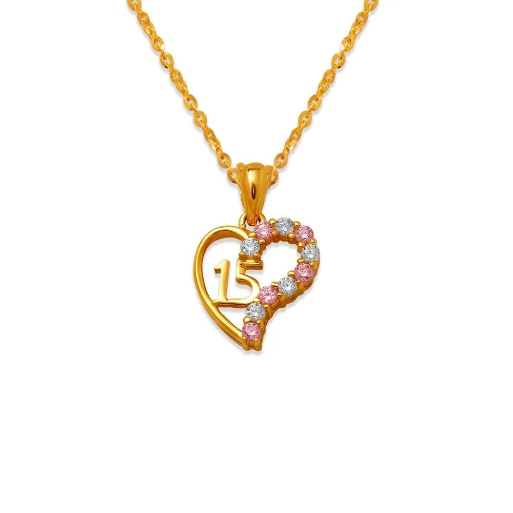 NEW 14K YELLOW GOLD 15 ANOS HEART PINK PENDANT: NEW 14K YELLOW GOLD 15 ANOS HEART PINK PENDANT 15 ANOS HEART PINK PENDANT NEW 14K YELLOW GOLD Apx. WIDTH: 11x12mm Apx WEIGHT: 1.2g