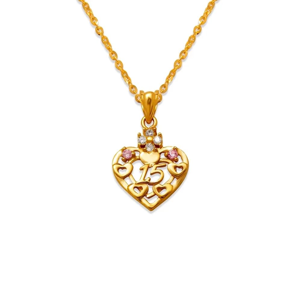 NEW 14K YELLOW GOLD 15 ANOS HEART PINK PENDANT: NEW 14K YELLOW GOLD 15 ANOS HEART PINK PENDANT 15 ANOS HEART PINK PENDANT NEW 14K YELLOW GOLD Apx. WIDTH: 13x15mm Apx WEIGHT: 1.2g