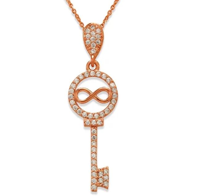 NEW 14K ROSE GOLD FANCY ROSE INFINITY KEY PENDANT: NEW 14K ROSE GOLD FANCY ROSE INFINITY KEY PENDANT FANCY ROSE INFINITY KEY PENDANT NEW 14K ROSE GOLD Apx. WIDTH: 10x26mm Apx WEIGHT: 1.2g