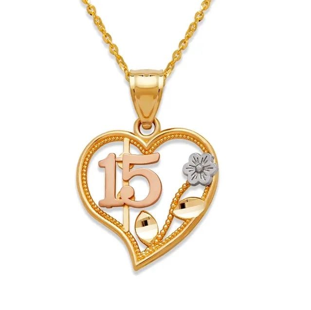 NEW 14K TRICOLOR GOLD 15 ANOS HEART PENDANT: NEW 14K TRICOLOR GOLD 15 ANOS HEART PENDANT 15 ANOS HEART PENDANT NEW 14K TRICOLOR GOLD Apx. WIDTH: 16mm Apx WEIGHT: 1.2g