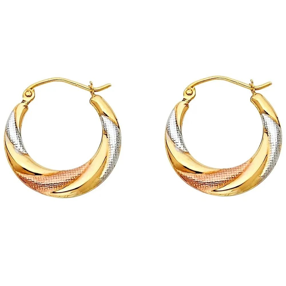 NEW 14K TRI COLOR GOLD FANCY HOLLOW HOOP EARRINGS: NEW 14K TRI COLOR GOLD FANCY HOLLOW HOOP EARRINGS FANCY HOLLOW HOOP EARRINGS NEW 14K TRI COLOR GOLD HEIGHT - 20 mm WIDTH - 20 mm Apx WEIGHT - 0.9 g