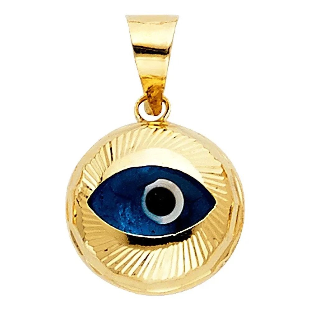 NEW 14K YELLOW GOLD EVIL EYE PENDANT: NEW 14K YELLOW GOLD EVIL EYE PENDANT EVIL EYE PENDANT NEW 14K YELLOW GOLD Height : 13 mm Width : 12.5 mm Apx. WEIGHT : 1.1g