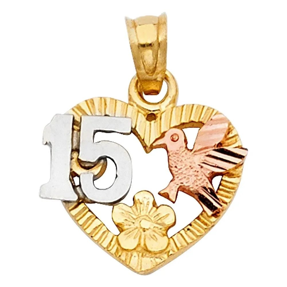 NEW 14K TRI COLOR GOLD 15 YEARS HEART PENDANT: NEW 14K TRI COLOR GOLD 15 YEARS HEART PENDANT 15 YEARS HEART PENDANT NEW 14K TRI COLOR GOLD Height : 18 mm Width : 13 mm Apx. WEIGHT : 1.4g
