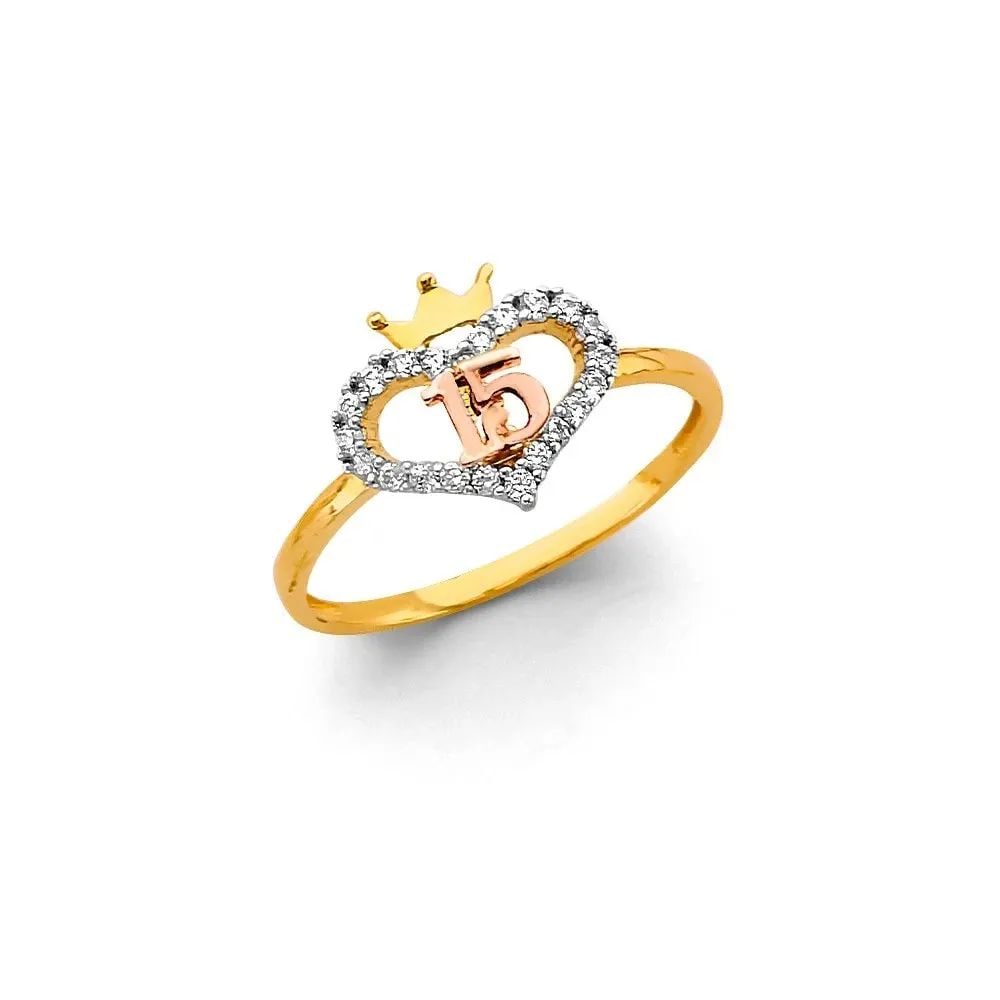 NEW 14K TRI COLOR GOLD HEART 15 YEARS RING -SIZE 7: NEW 14K TRI COLOR GOLD HEART 15 YEARS RING HEART 15 YEARS RING NEW 14K TRI COLOR GOLD WIDTH : Average Apx WEIGHT : 1.4g