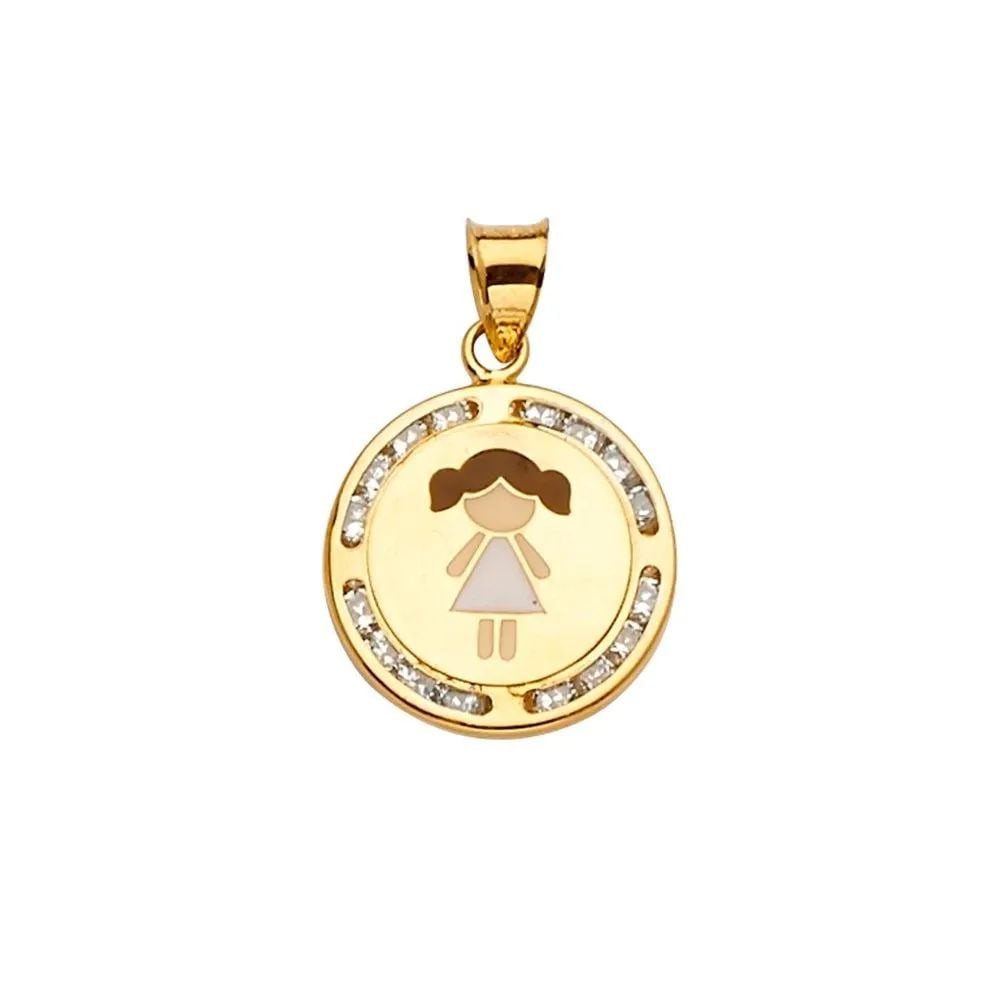 NEW 14K YELLOW GOLD ENAMEL GIRL PENDANT: NEW 14K YELLOW GOLD ENAMEL GIRL PENDANT ENAMEL GIRL PENDANT NEW 14K YELLOW GOLD Height : 21 mm Width : 15 mm Apx. WEIGHT : 1.4g