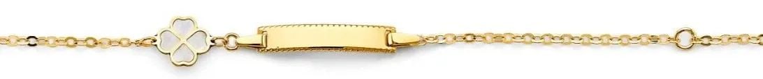 NEW 14K YELLOW GOLD MOTHER OF PEARL CLOVER BABY ID BRACELET: NEW 14K YELLOW GOLD MOTHER OF PEARL CLOVER BABY ID BRACELET MOTHER OF PEARL CLOVER BABY ID BRACELET NEW 14K YELLOW GOLD LENGTH - 5+1in Apx WEIGHT - 1.4g