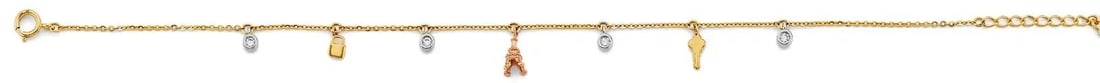 NEW 14K TRI COLOR GOLD CHARM BRACELET & ANKLET: NEW 14K TRI COLOR GOLD CHARM BRACELET & ANKLET CHARM BRACELET & ANKLET NEW 14K TRI COLOR GOLD C Z LENGTH - 7in Apx WEIGHT - 1.4g