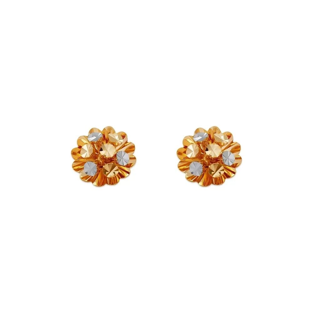 NEW 14K TWO TONE GOLD SMALL DIAMOND CUT FLOWER STUD EARRINGS: NEW 14K TWO TONE GOLD SMALL DIAMOND CUT FLOWER STUD EARRINGS SMALL DIAMOND CUT FLOWER STUD EARRINGS NEW 14K TWO TONE GOLD Width: Approx. 8mm Apx WEIGHT: 1.4g