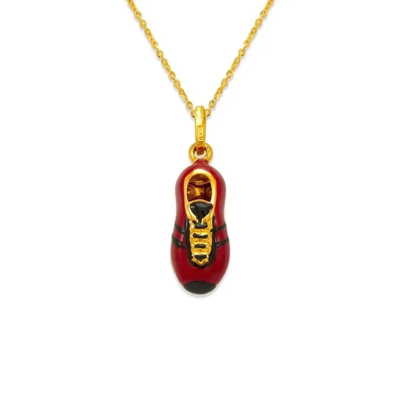 NEW 14K YELLOW GOLD RED/BLACK SOCCER SHOE ENAMEL CHARM PENDANT: NEW 14K YELLOW GOLD RED/BLACK SOCCER SHOE ENAMEL CHARM PENDANT RED/BLACK SOCCER SHOE ENAMEL CHARM PENDANT NEW 14K YELLOW GOLD Apx. WIDTH: 8x19mm Apx WEIGHT: 1.4g