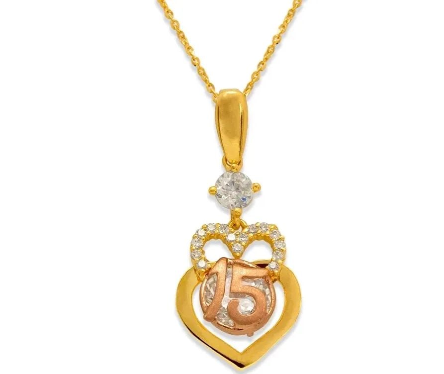 NEW 14K TWO TONE GOLD FANCY 15 ANOS DOUBLE HEART PENDANT: NEW 14K TWO TONE GOLD FANCY 15 ANOS DOUBLE HEART PENDANT FANCY 15 ANOS DOUBLE HEART PENDANT NEW 14K TWO TONE GOLD Apx. WIDTH: 11x13.5mm Apx WEIGHT: 1.4g