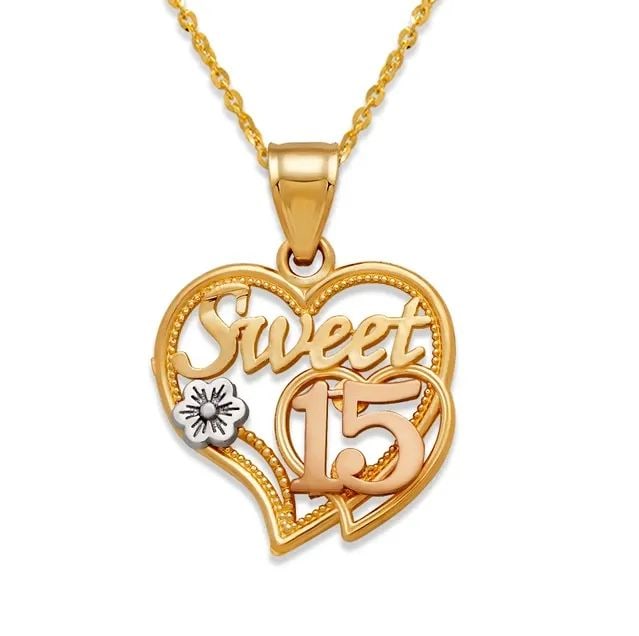 NEW 14K TRICOLOR GOLD 15 ANOS HEART PENDANT: NEW 14K TRICOLOR GOLD 15 ANOS HEART PENDANT 15 ANOS HEART PENDANT NEW 14K TRICOLOR GOLD Apx. WIDTH: 16mm Apx WEIGHT: 1.4g