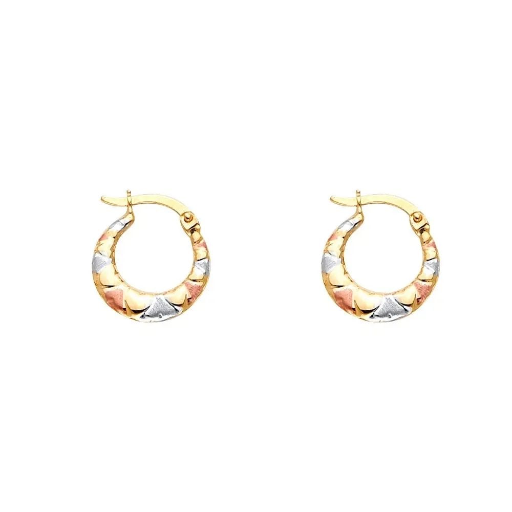 NEW 14K TRI COLOR GOLD DOUBLE FACE HEART DESIGN HOLLOW EARRINGS: NEW 14K TRI COLOR GOLD DOUBLE FACE HEART DESIGN HOLLOW EARRINGS DOUBLE FACE HEART DESIGN HOLLOW EARRINGS NEW 14K TRI COLOR GOLD HEIGHT - 15 mm WIDTH - 15 mm Apx WEIGHT - 1 g