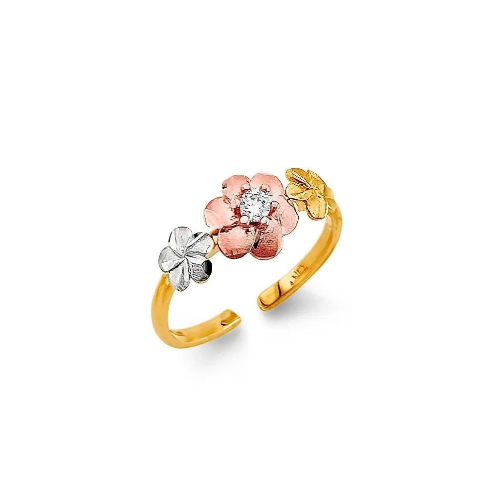NEW 14K TRI COLOR GOLD FLOWER TOE RING: NEW 14K TRI COLOR GOLD FLOWER TOE RING FLOWER TOE RING NEW 14K TRI COLOR GOLD WIDTH : Average Apx WEIGHT : 1.4g
