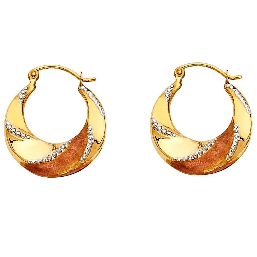 NEW 14K TRI COLOR GOLD FANCY HOLLOW HOOP EARRINGS: NEW 14K TRI COLOR GOLD FANCY HOLLOW HOOP EARRINGS FANCY HOLLOW HOOP EARRINGS NEW 14K TRI COLOR GOLD HEIGHT - 20 mm WIDTH - 18 mm Apx WEIGHT - 1 g