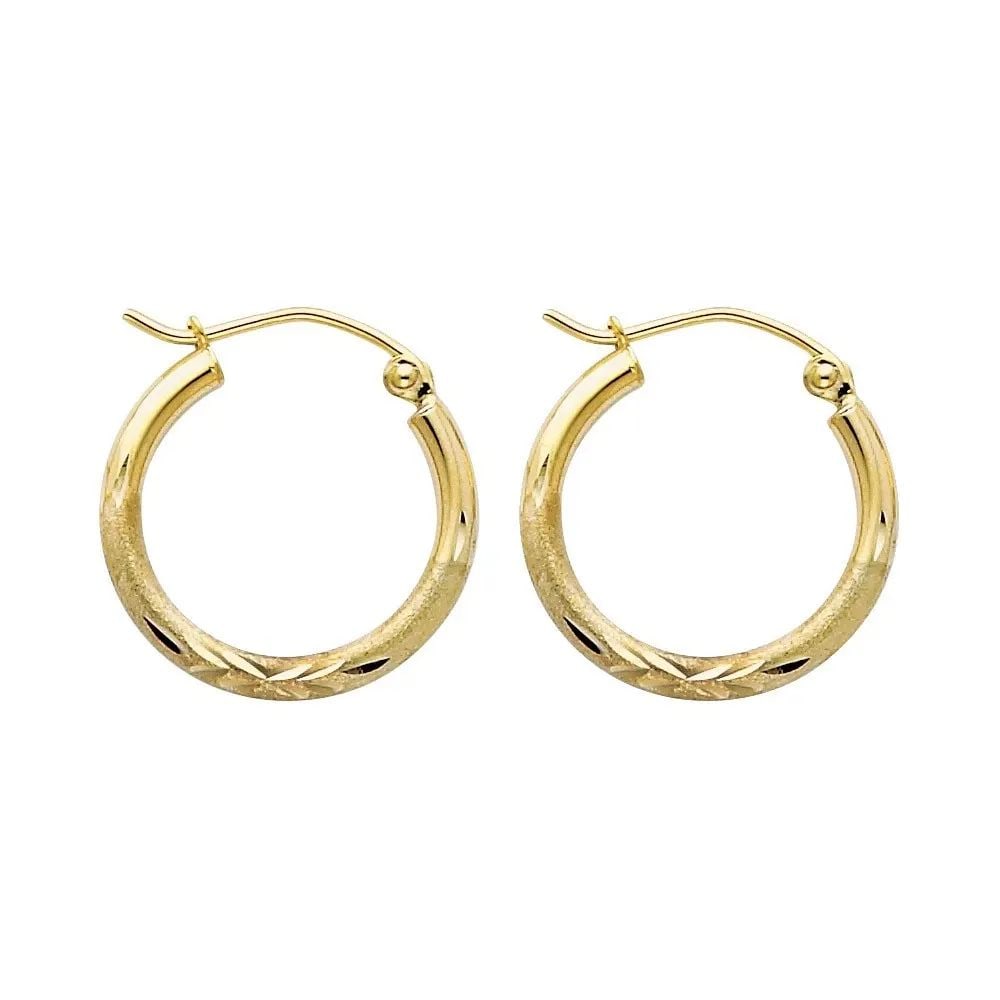 NEW 14K YELLOW GOLD 2MM BUDDED DC ROUND TUBE HOOP EARRINGS (1 7MM): NEW 14K YELLOW GOLD 2MM BUDDED DC ROUND TUBE HOOP EARRINGS (1 7MM) 2MM BUDDED DC ROUND TUBE HOOP EARRINGS (1 7MM) NEW 14K YELLOW GOLD HEIGHT - 15 mm WIDTH - 15 mm Apx WEIGHT - 0.8 g