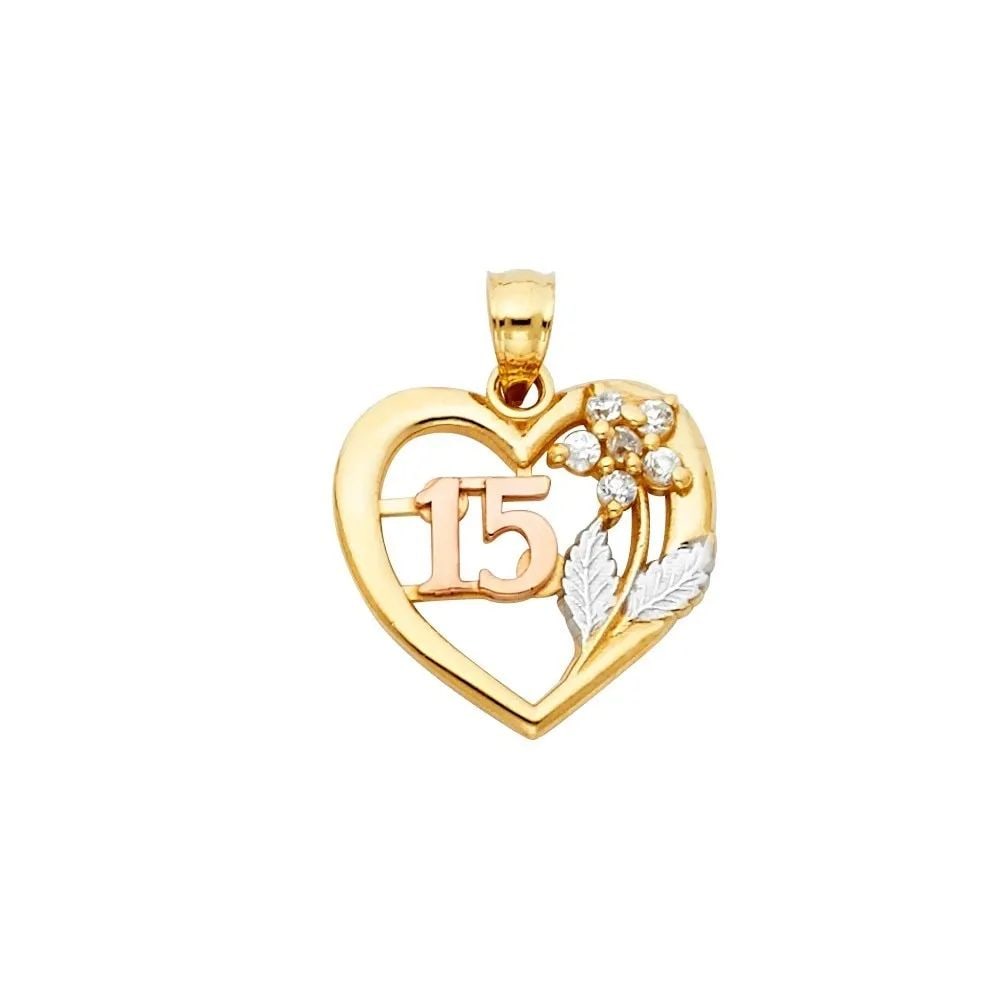 NEW 14K TRI COLOR GOLD 15 YEARS HEART PENDANT: NEW 14K TRI COLOR GOLD 15 YEARS HEART PENDANT 15 YEARS HEART PENDANT NEW 14K TRI COLOR GOLD Height : 20 mm Width : 15 mm Apx. WEIGHT : 1.3g