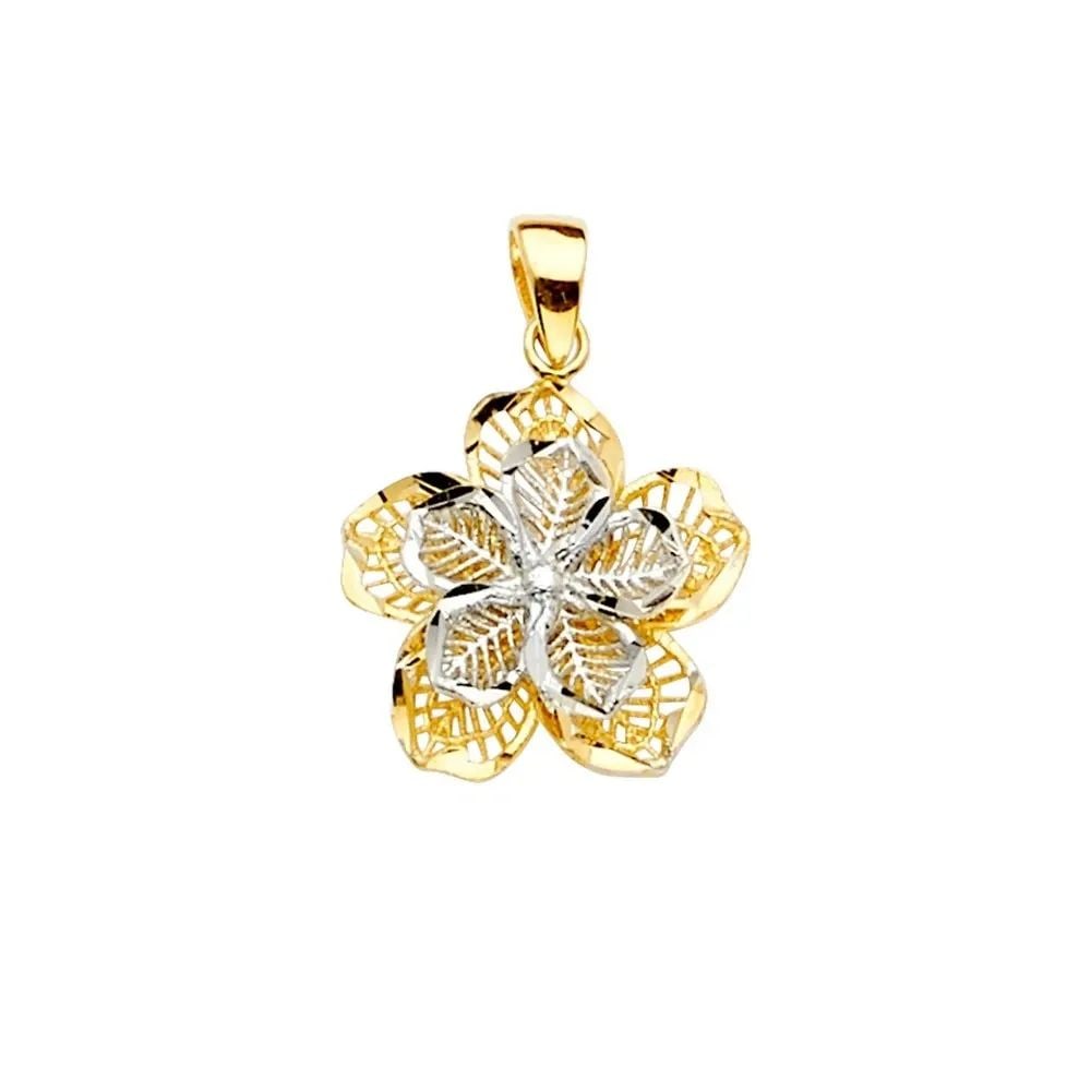 NEW 14K TWO TONE GOLD FILIGREE FLOWER PENDANT: NEW 14K TWO TONE GOLD FILIGREE FLOWER PENDANT FILIGREE FLOWER PENDANT NEW 14K TWO TONE GOLD Height : 20 mm Width : 16 mm Apx. WEIGHT : 1.1g