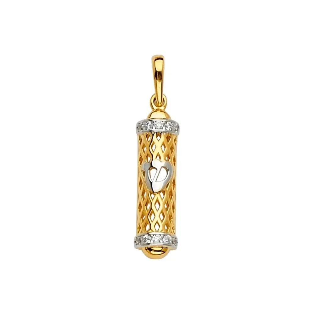 NEW 14K TWO TONE GOLD MEZUZAH PENDANT: NEW 14K TWO TONE GOLD MEZUZAH PENDANT MEZUZAH PENDANT NEW 14K TWO TONE GOLD Height : 26 mm Width : 5 mm Apx. WEIGHT : 1.3g