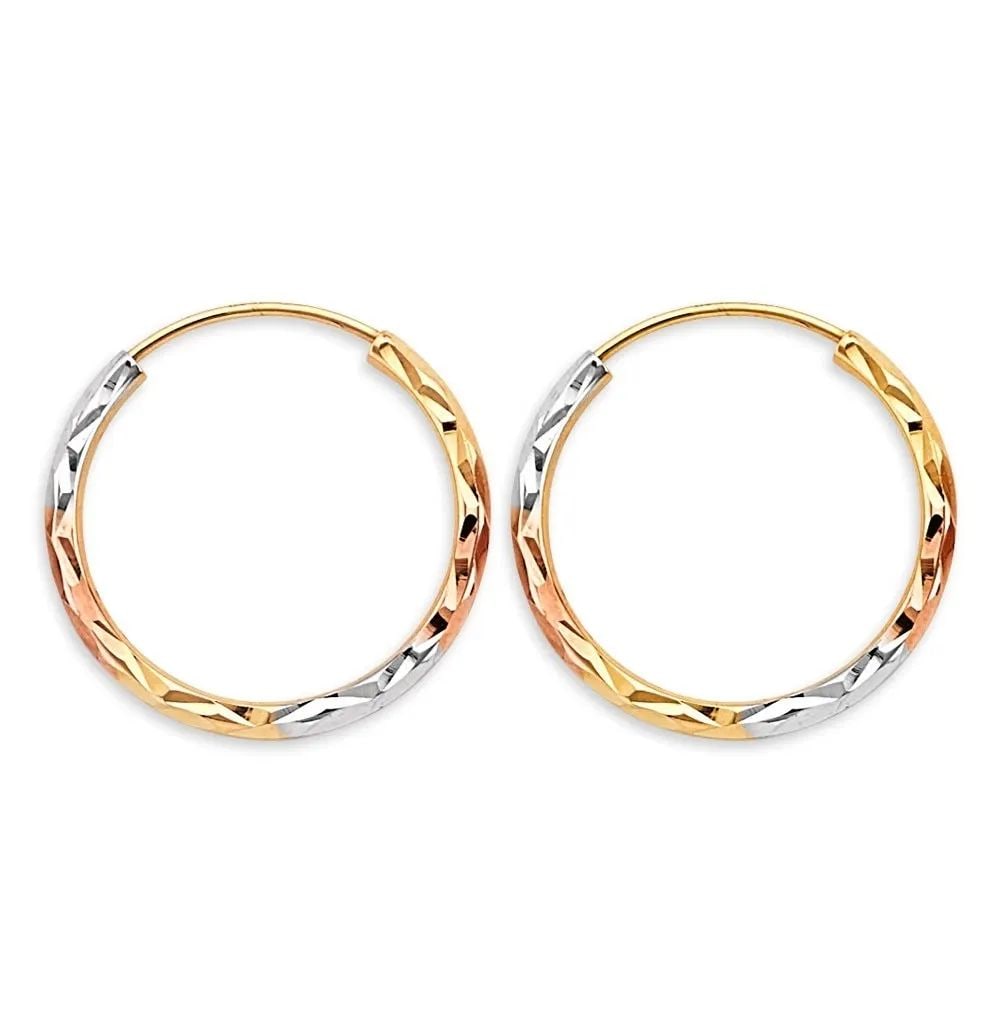 NEW 14K TRI COLOR GOLD 1.8MM TUBE DC ENDLESS HOOP EARRINGS: NEW 14K TRI COLOR GOLD 1.8MM TUBE DC ENDLESS HOOP EARRINGS 1.8MM TUBE DC ENDLESS HOOP EARRINGS NEW 14K TRI COLOR GOLD HEIGHT - 20 mm WIDTH - 20 mm Apx WEIGHT - 1 g