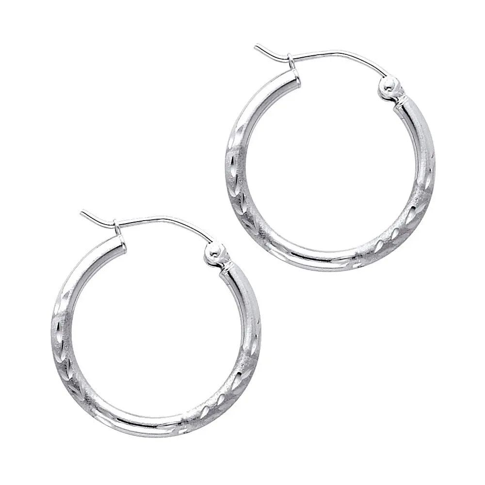 NEW 14K WHITE GOLD 2MM BUDDED DC ROUND TUBE HOOP EARRINGS (20MM) (1 of 2)