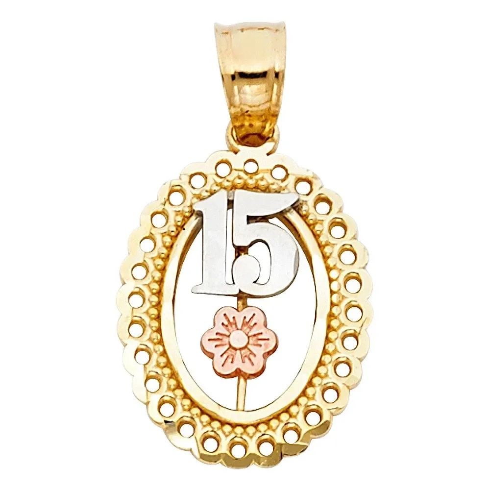 NEW 14K TRI COLOR GOLD 15 YEARS PENDANT: NEW 14K TRI COLOR GOLD 15 YEARS PENDANT 15 YEARS PENDANT NEW 14K TRI COLOR GOLD Height : 20 mm Width : 15 mm Apx. WEIGHT : 1.1g