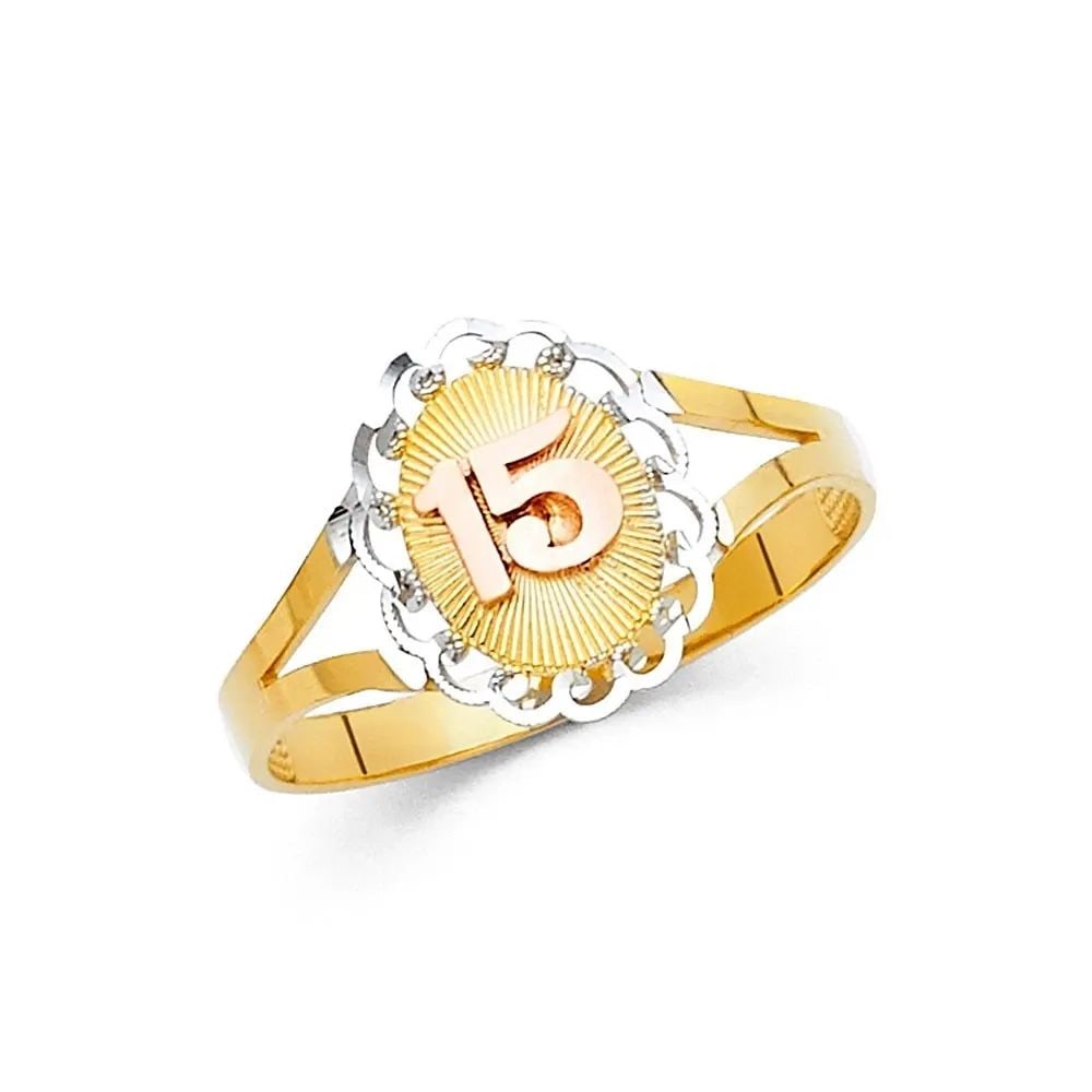 NEW 14K TRI COLOR GOLD 15 YEARS RING - SIZE 7: NEW 14K TRI COLOR GOLD 15 YEARS RING 15 YEARS RING NEW 14K TRI COLOR GOLD WIDTH: 12 mm Apx. WEIGHT: 1.3g