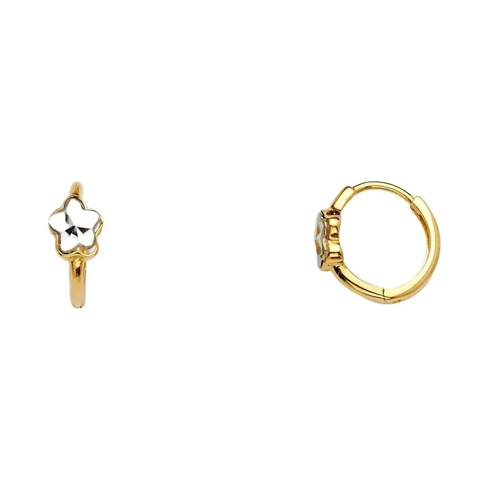 NEW 14K TWO TONE GOLD FLOWER HUGGIES EARRINGS: NEW 14K TWO TONE GOLD FLOWER HUGGIES EARRINGS FLOWER HUGGIES EARRINGS NEW 14K TWO TONE GOLD Height : 12 mm Width : 12 mm Weight : 1g