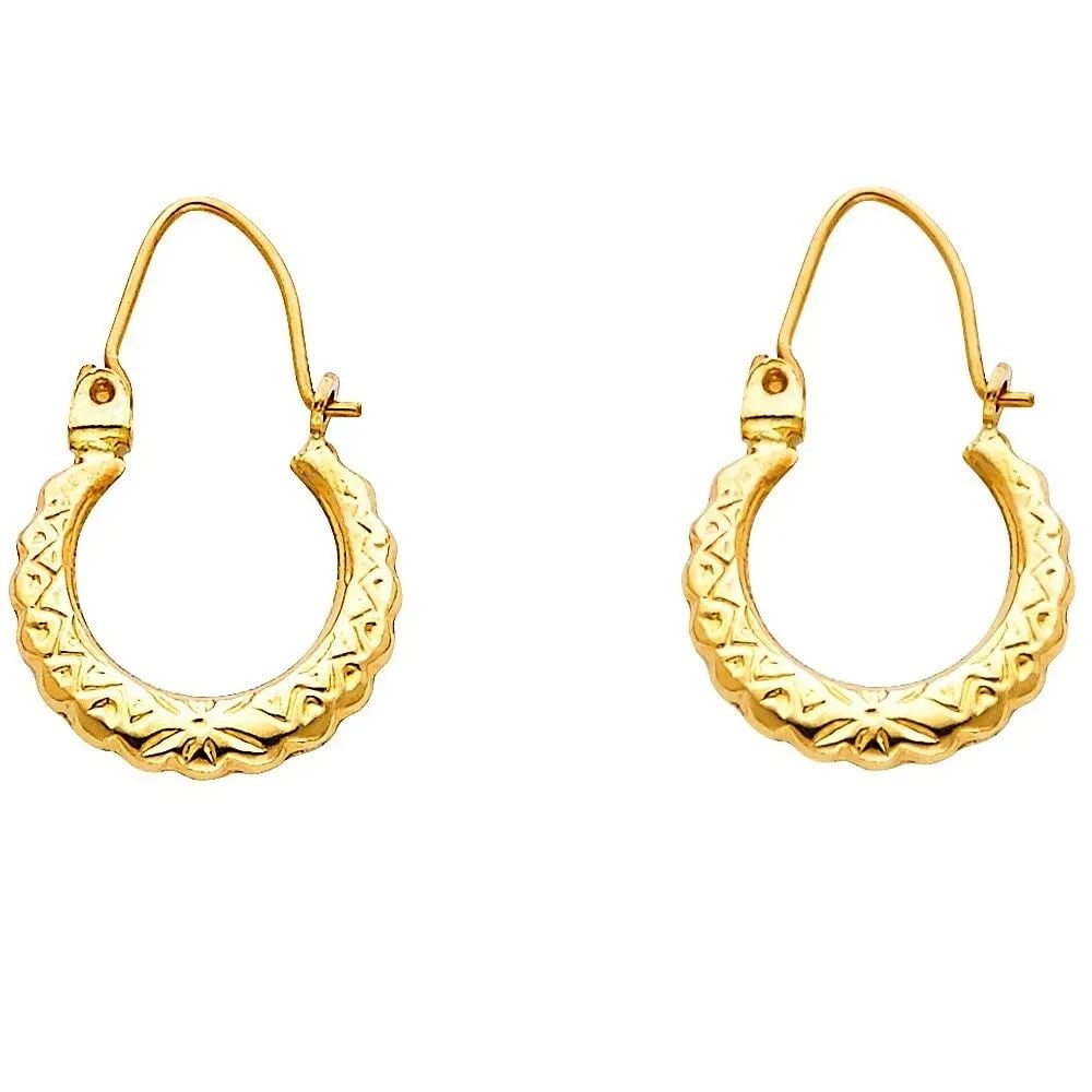 NEW 14K YELLOW GOLD FANCY HOLLOW HOOP EARRINGS: NEW 14K YELLOW GOLD FANCY HOLLOW HOOP EARRINGS FANCY HOLLOW HOOP EARRINGS NEW 14K YELLOW GOLD HEIGHT - 22 mm WIDTH - 15 mm Apx WEIGHT - 0.8 g