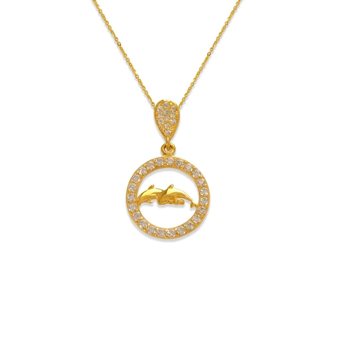 NEW 14K YELLOW GOLD FANCY DOLPHINS IN CIRCLE PENDANT: NEW 14K YELLOW GOLD FANCY DOLPHINS IN CIRCLE PENDANT FANCY DOLPHINS IN CIRCLE PENDANT NEW 14K YELLOW GOLD Apx. WIDTH: 14mm Apx WEIGHT: 1.1g