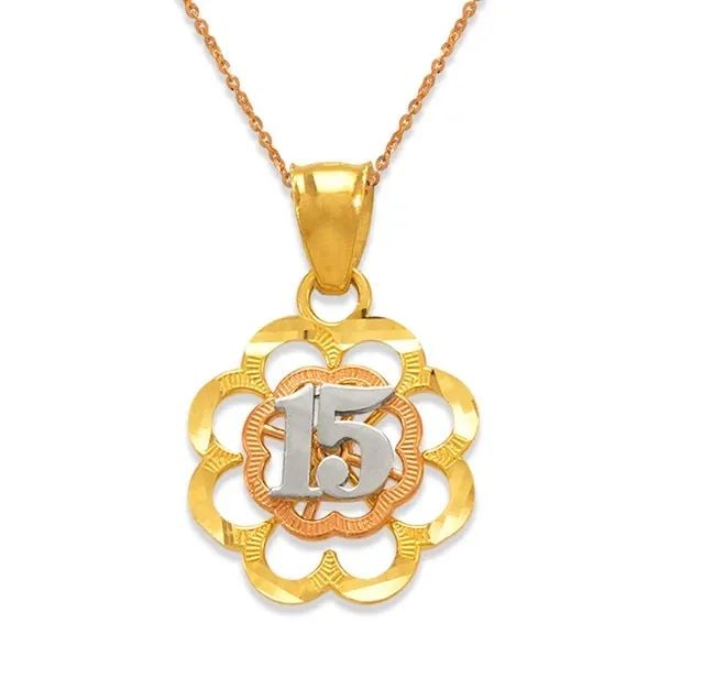 NEW 14K TRICOLOR GOLD 15 ANOS FLOWER PENDANT: NEW 14K TRICOLOR GOLD 15 ANOS FLOWER PENDANT 15 ANOS FLOWER PENDANT NEW 14K TRICOLOR GOLD Apx. WIDTH: 14x14mm Apx WEIGHT: 1.1g