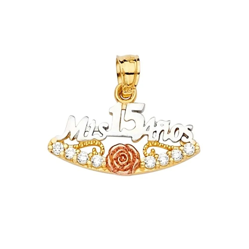 NEW 14K TRI COLOR GOLD 15 YEARS PENDANT: NEW 14K TRI COLOR GOLD 15 YEARS PENDANT 15 YEARS PENDANT NEW 14K TRI COLOR GOLD Height : 16 mm Width : 20 mm Apx. WEIGHT : 1.3g
