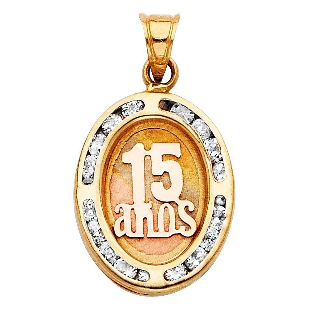 NEW 14K TRI COLOR GOLD 15 YEARS PENDANT: NEW 14K TRI COLOR GOLD 15 YEARS PENDANT 15 YEARS PENDANT NEW 14K TRI COLOR GOLD Height : 17 mm Width : 14 mm Apx. WEIGHT : 1.3g