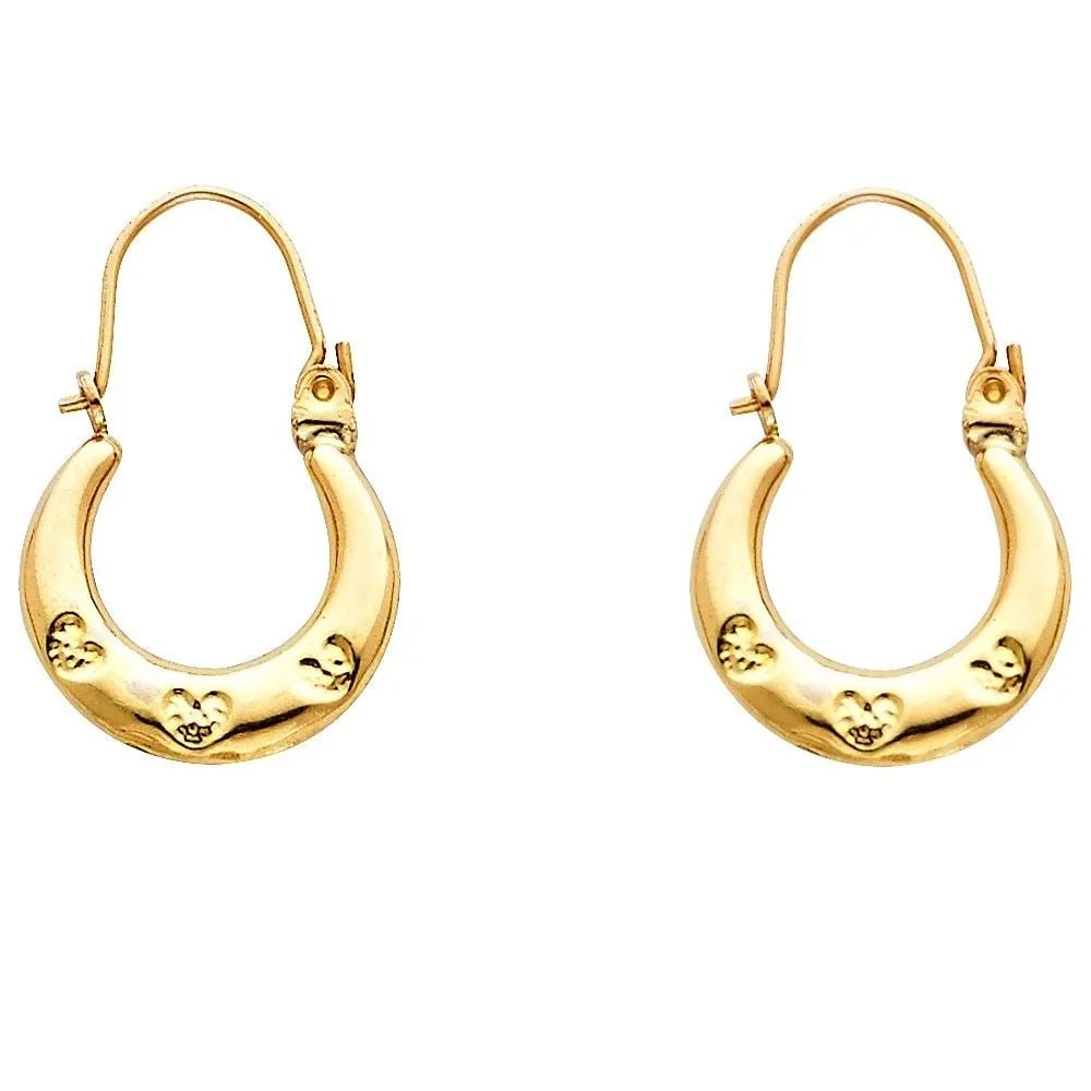 NEW 14K YELLOW GOLD FANCY HOLLOW HOOP EARRINGS: NEW 14K YELLOW GOLD FANCY HOLLOW HOOP EARRINGS FANCY HOLLOW HOOP EARRINGS NEW 14K YELLOW GOLD HEIGHT - 22 mm WIDTH - 14 mm Apx WEIGHT - 1 g