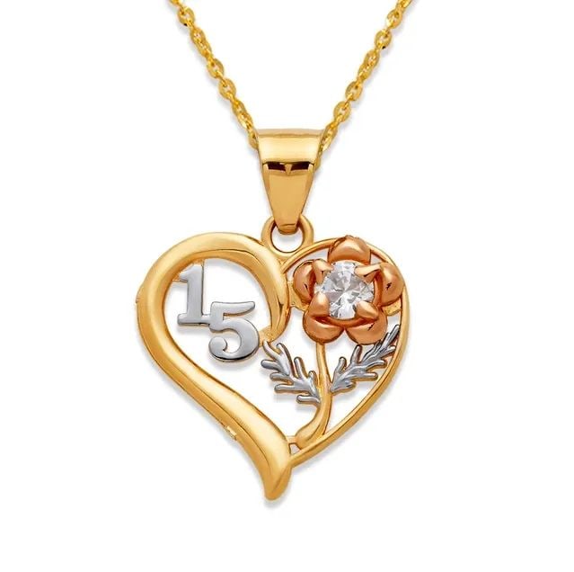 NEW 14K TRICOLOR GOLD 15 ANOS HEART PENDANT: NEW 14K TRICOLOR GOLD 15 ANOS HEART PENDANT 15 ANOS HEART PENDANT NEW 14K TRICOLOR GOLD Apx. WIDTH: 16mm Apx WEIGHT: 1.3g