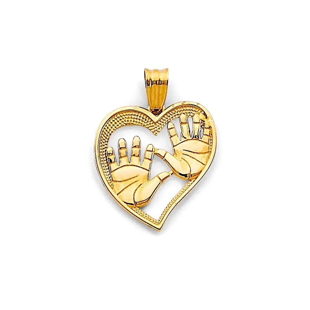 NEW 14K YELLOW GOLD HEART HAND PRINTS PENDANT: NEW 14K YELLOW GOLD HEART HAND PRINTS PENDANT HEART HAND PRINTS PENDANT NEW 14K YELLOW GOLD Height : 20 mm Width : 15 mm Apx. WEIGHT : 1g