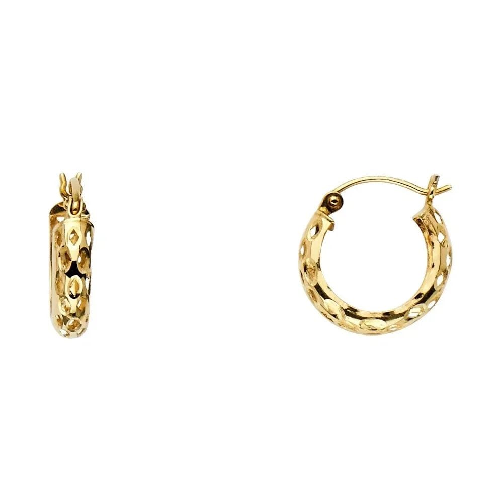 NEW 14K YELLOW GOLD PERFORATED HOOP EARRINGS: NEW 14K YELLOW GOLD PERFORATED HOOP EARRINGS PERFORATED HOOP EARRINGS NEW 14K YELLOW GOLD HEIGHT - 14 mm WIDTH - 14 mm Apx WEIGHT - 0.8 g