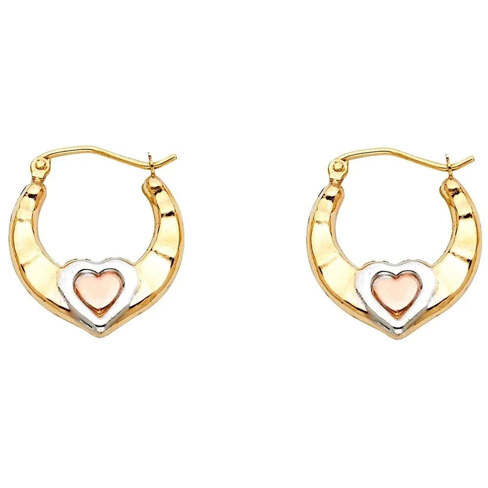 NEW 14K TRI COLOR GOLD FANCY HOLLOW HOOP EARRINGS: NEW 14K TRI COLOR GOLD FANCY HOLLOW HOOP EARRINGS FANCY HOLLOW HOOP EARRINGS NEW 14K TRI COLOR GOLD HEIGHT - 17 mm WIDTH - 19 mm Apx WEIGHT - 0.8 g