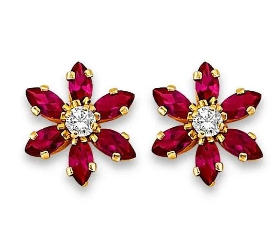 NEW 14K YELLOW GOLD RED FLOWER STUD EARR WITH SCREW BACK (1 of 2)