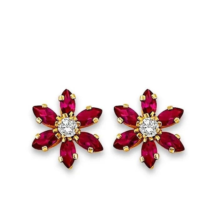 NEW 14K YELLOW GOLD RED FLOWER STUD EARR WITH SCREW BACK (1 of 2)
