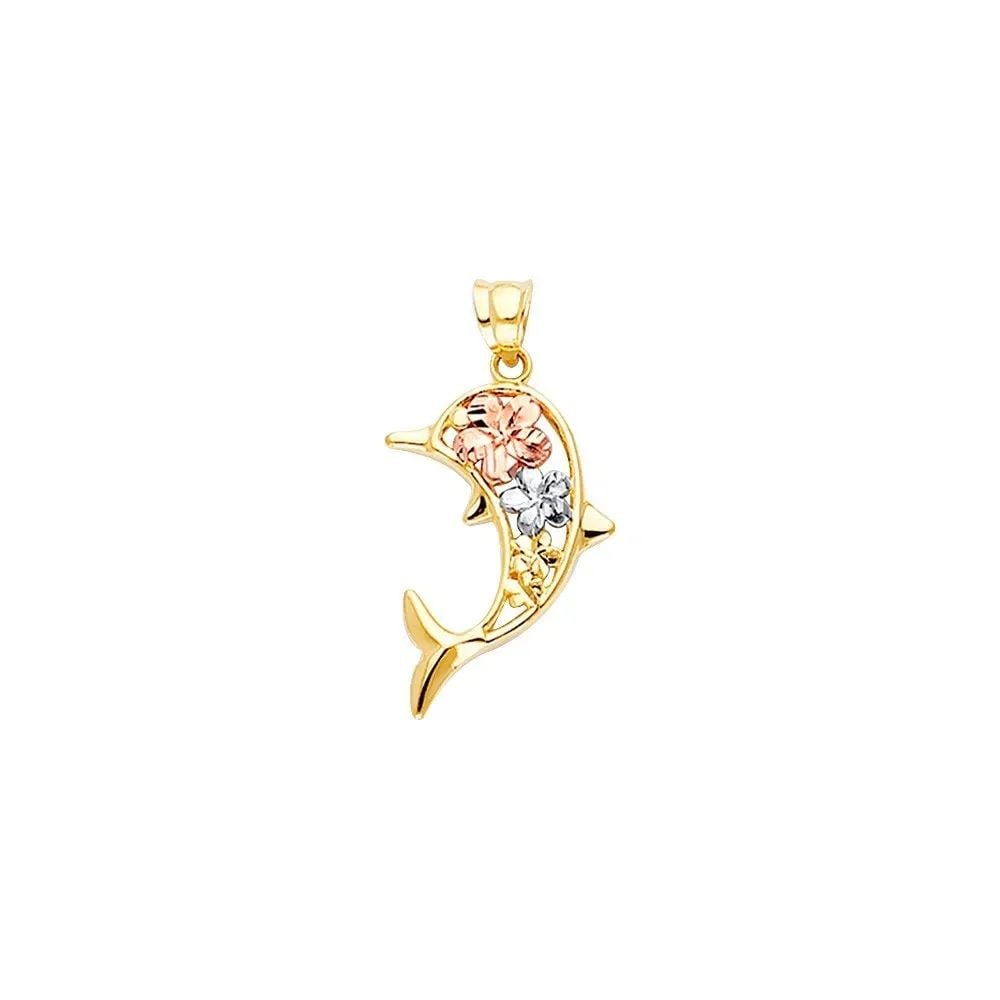 NEW 14K TRI COLOR GOLD HAWAIIAN FLOWER DOLPHIN PENDANT: NEW 14K TRI COLOR GOLD HAWAIIAN FLOWER DOLPHIN PENDANT HAWAIIAN FLOWER DOLPHIN PENDANT NEW 14K TRI COLOR GOLD Height : 30 mm Width : 15 mm Apx. WEIGHT : 1.2g