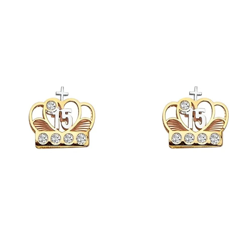 NEW 14K TRI COLOR GOLD CROWN POST EARRINGS (1 of 2)