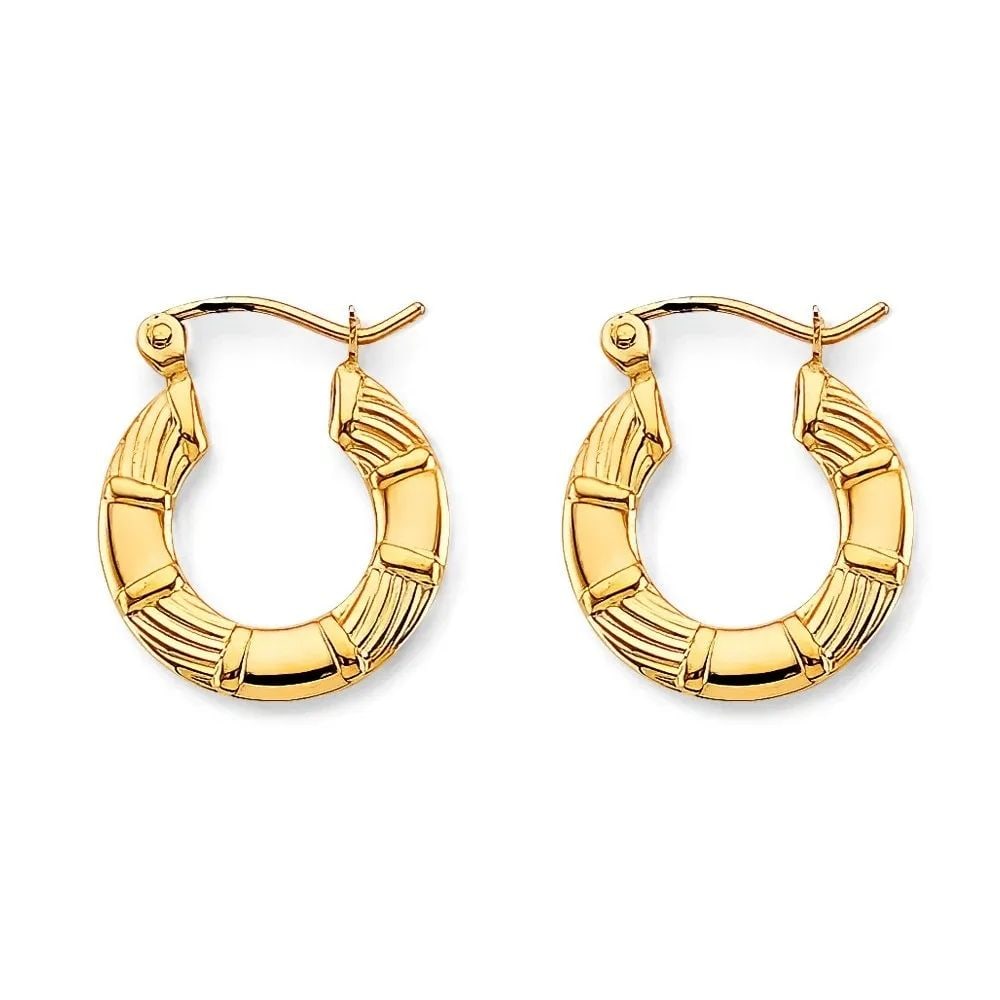 NEW 14K YELLOW GOLD FANCY HOLLOW HOOP EARRINGS: NEW 14K YELLOW GOLD FANCY HOLLOW HOOP EARRINGS FANCY HOLLOW HOOP EARRINGS NEW 14K YELLOW GOLD HEIGHT - 22 mm WIDTH - 15 mm Apx WEIGHT - 0.9 g