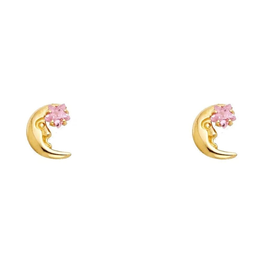NEW 14K YELLOW GOLD MOON WITH PINK STAR STUD EARRINGS (1 of 2)