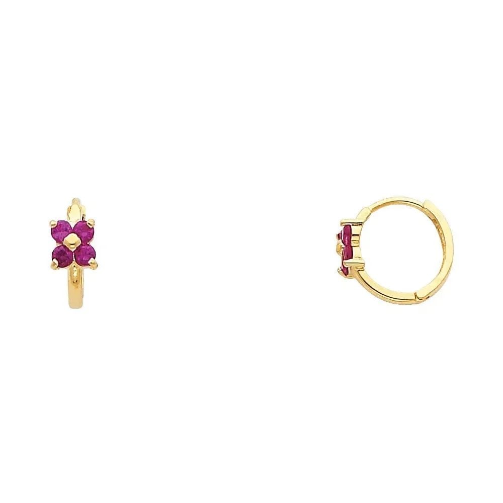 NEW 14K YELLOW GOLD RED FLOWER HUGGIES EARRINGS (1 of 2)